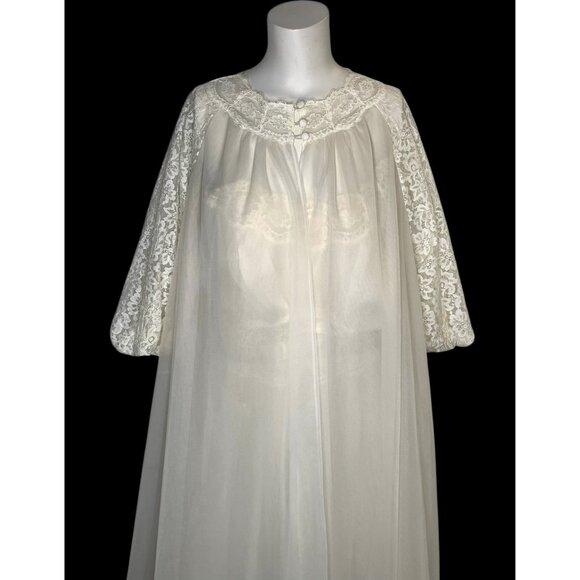 VTG Vanity Fair 60s Ivory Tricot Nylon Lace Chiffon Nightgown Peignoir Set Sz 34 - Picture 7 of 16